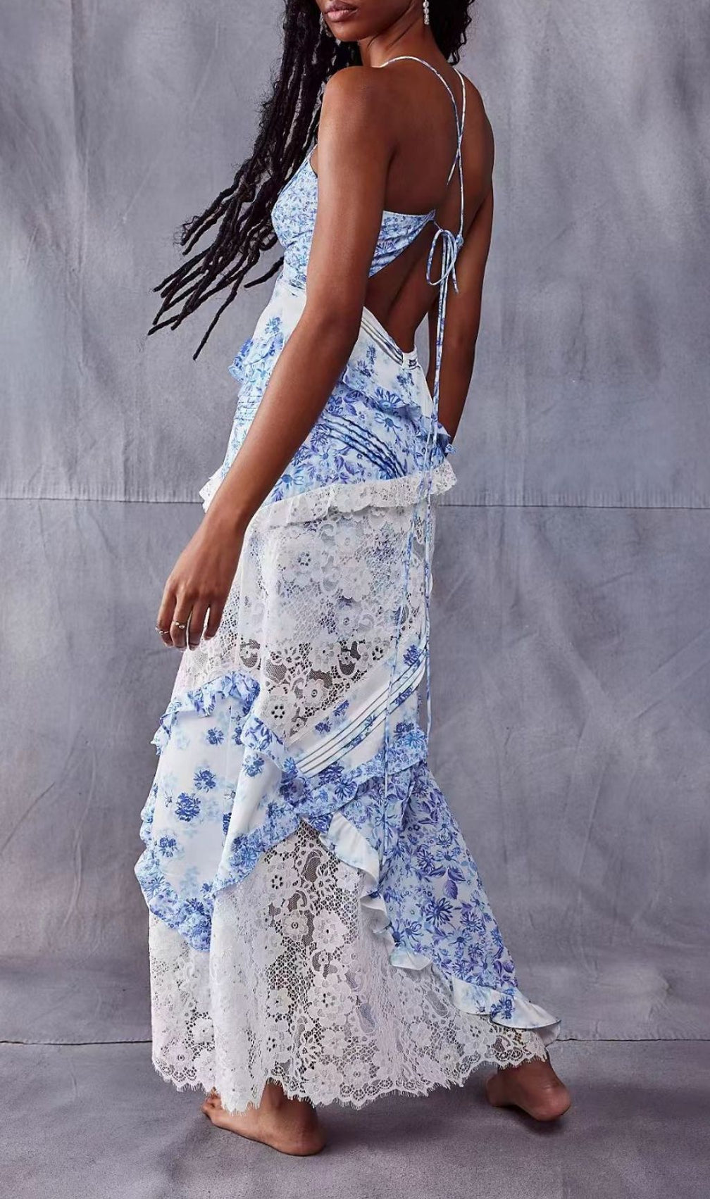 Georgia Blue Floral Lace V-Neck Maxi Dress | Romantic Boho Gown