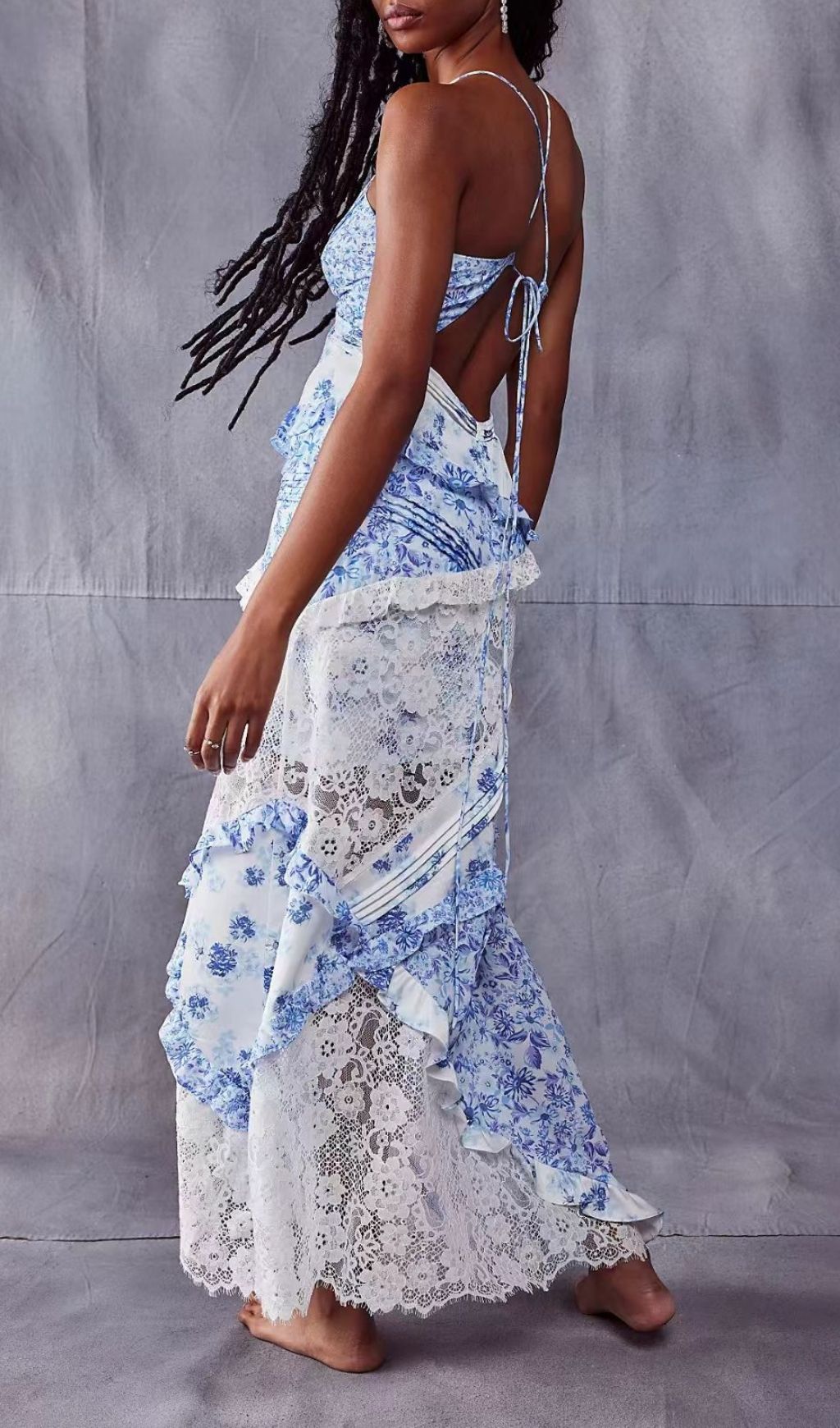 Georgia Blue Floral Lace V-Neck Maxi Dress | Romantic Boho Gown