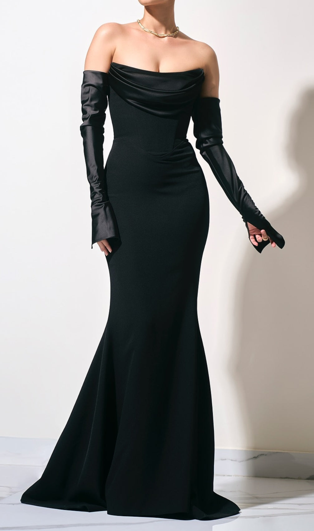 Deliz Black Long Sleeve Strapless Draped Maxi Dress