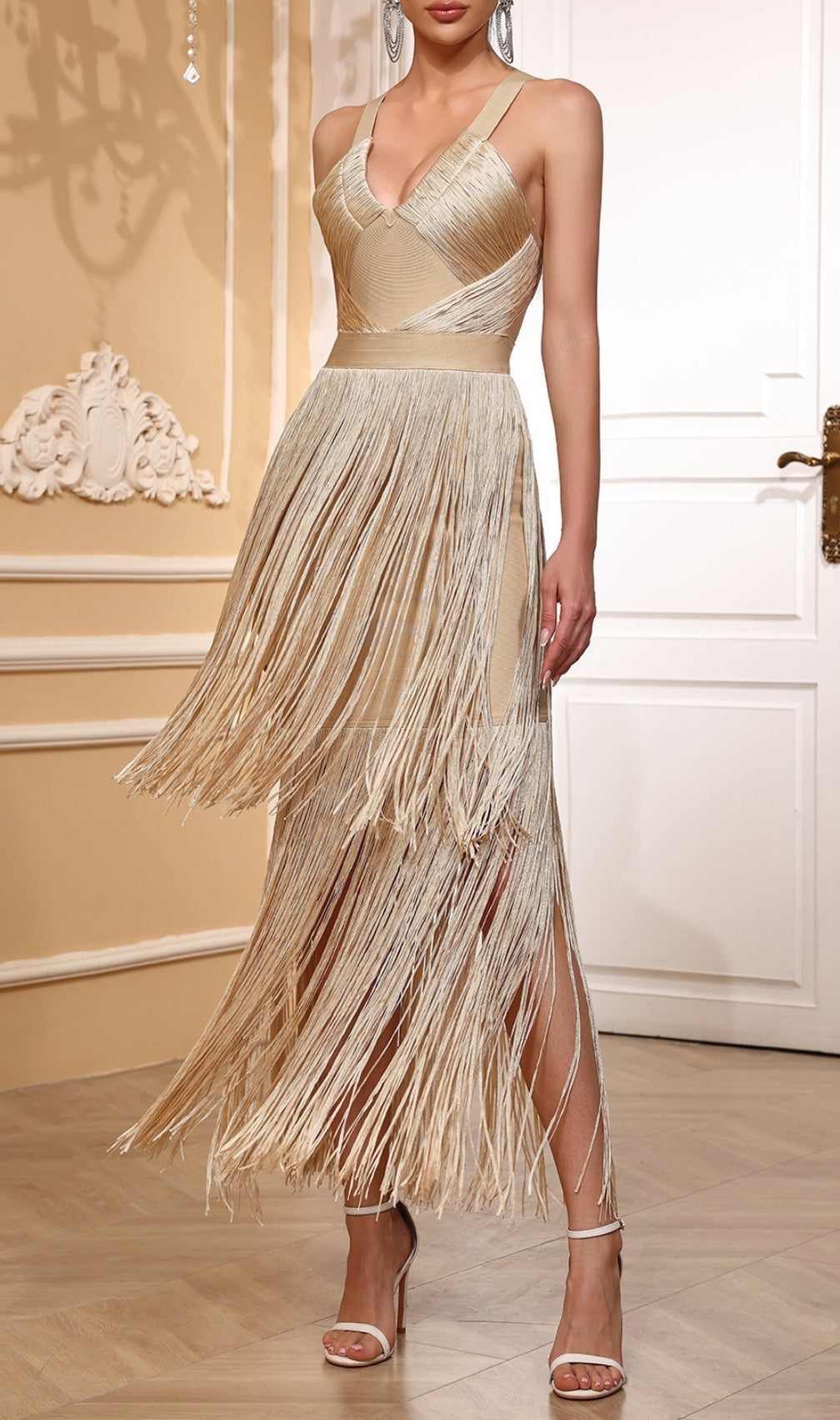 Eliora Apricot Tassel Bandage Maxi Dress