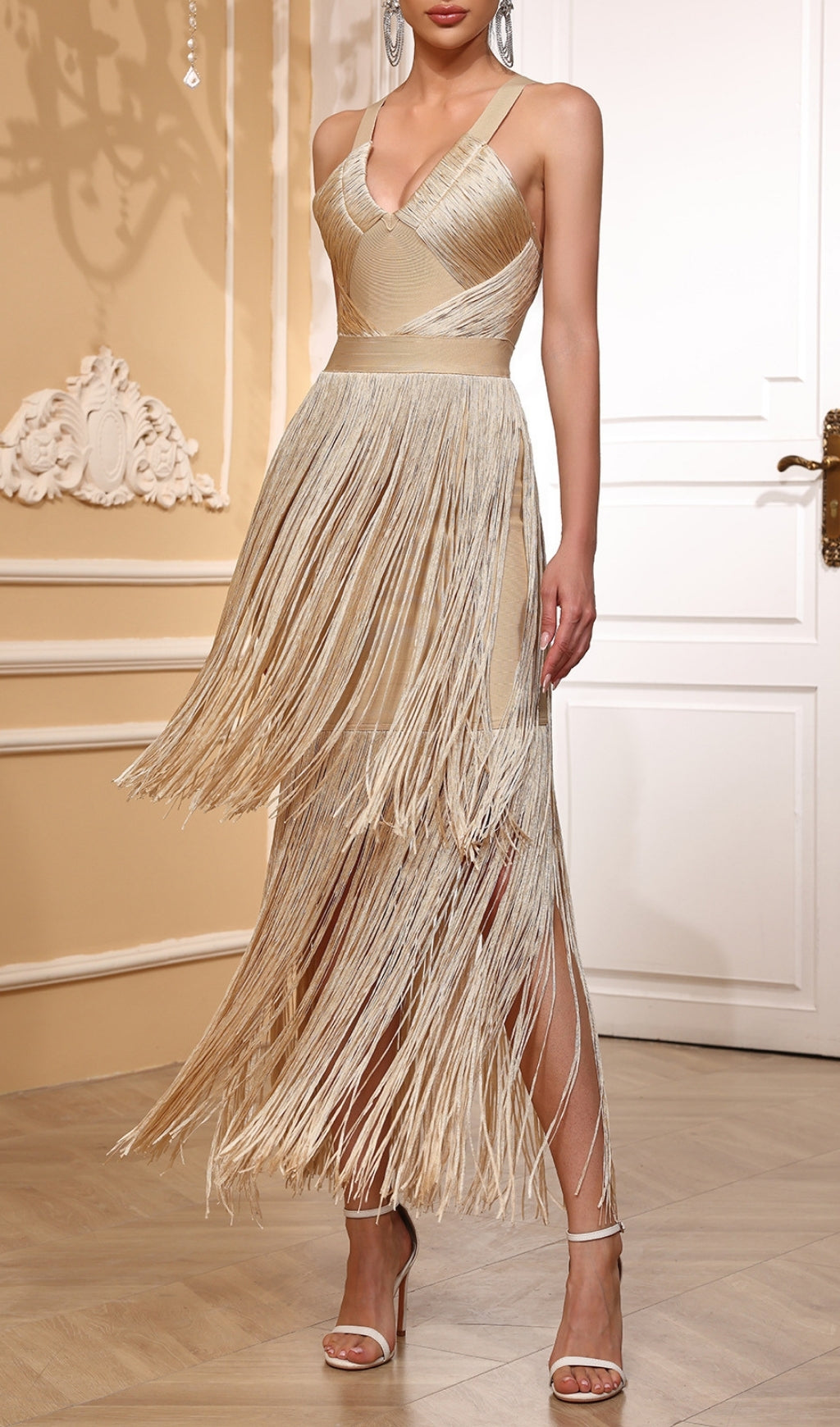 Eliora Apricot Tassel Bandage Maxi Dress