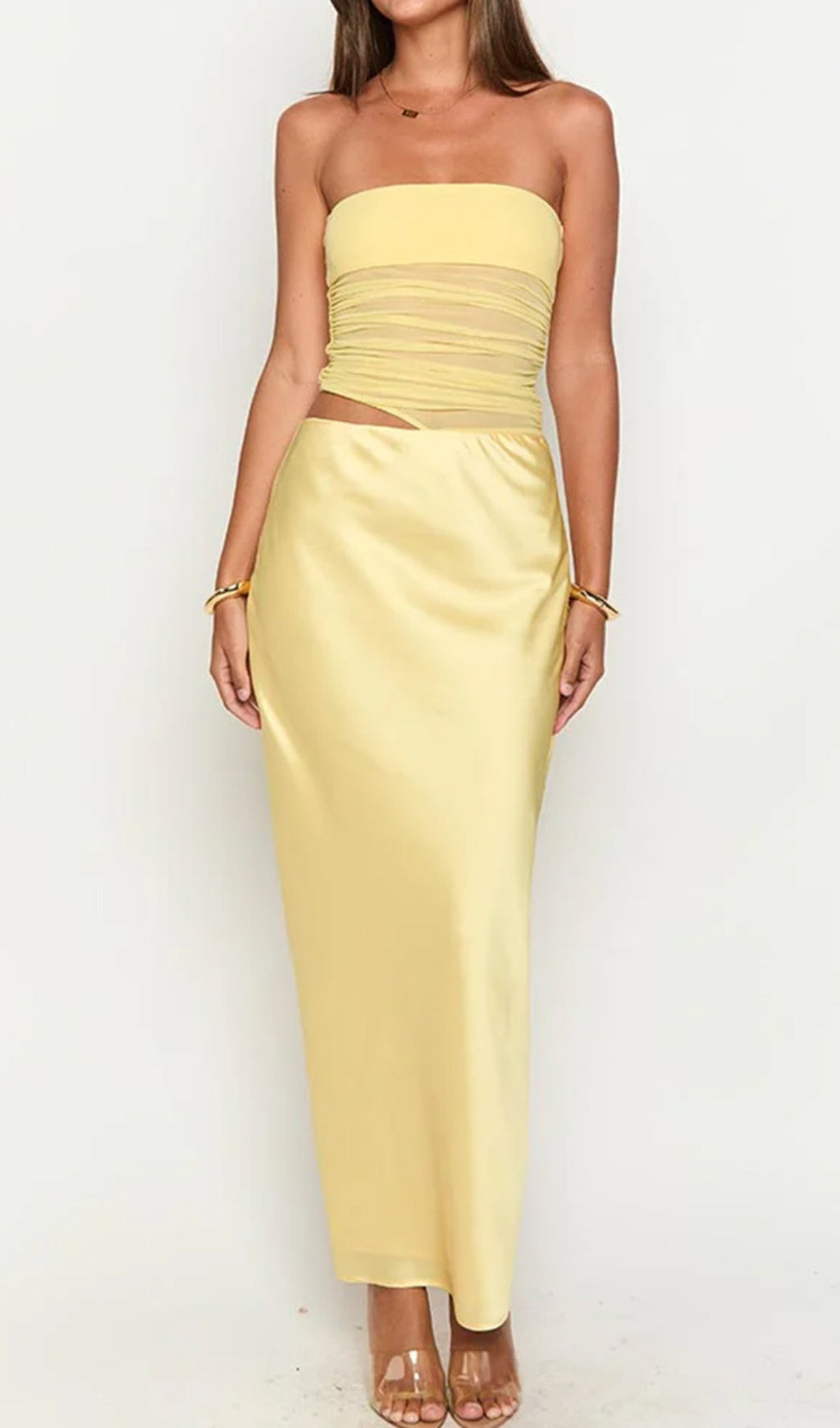 Devorit Yellow Mesh Maxi Dress