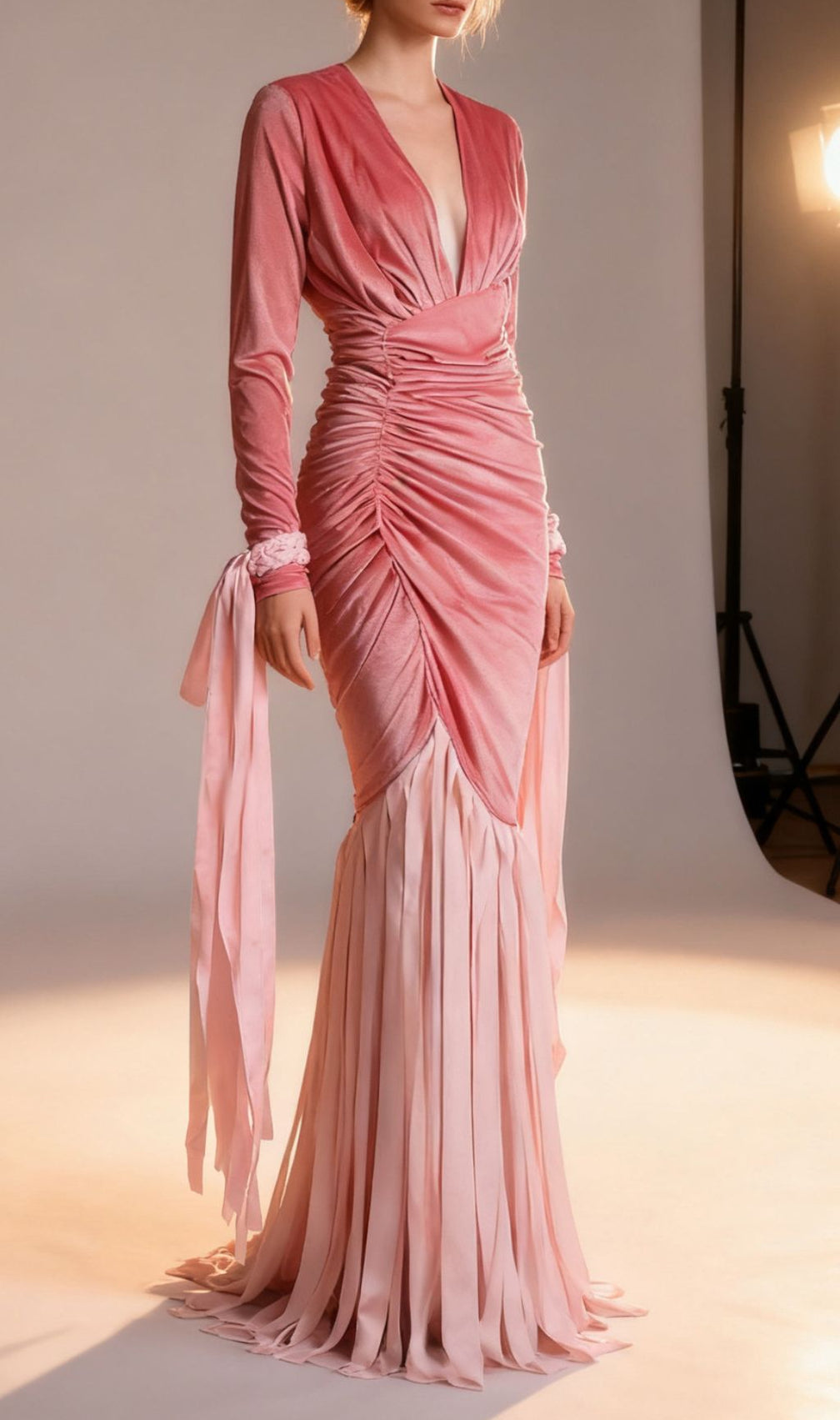 Jasmine Pink Velvet Ruched Maxi Gown | Elegant Tassel Detail Dress
