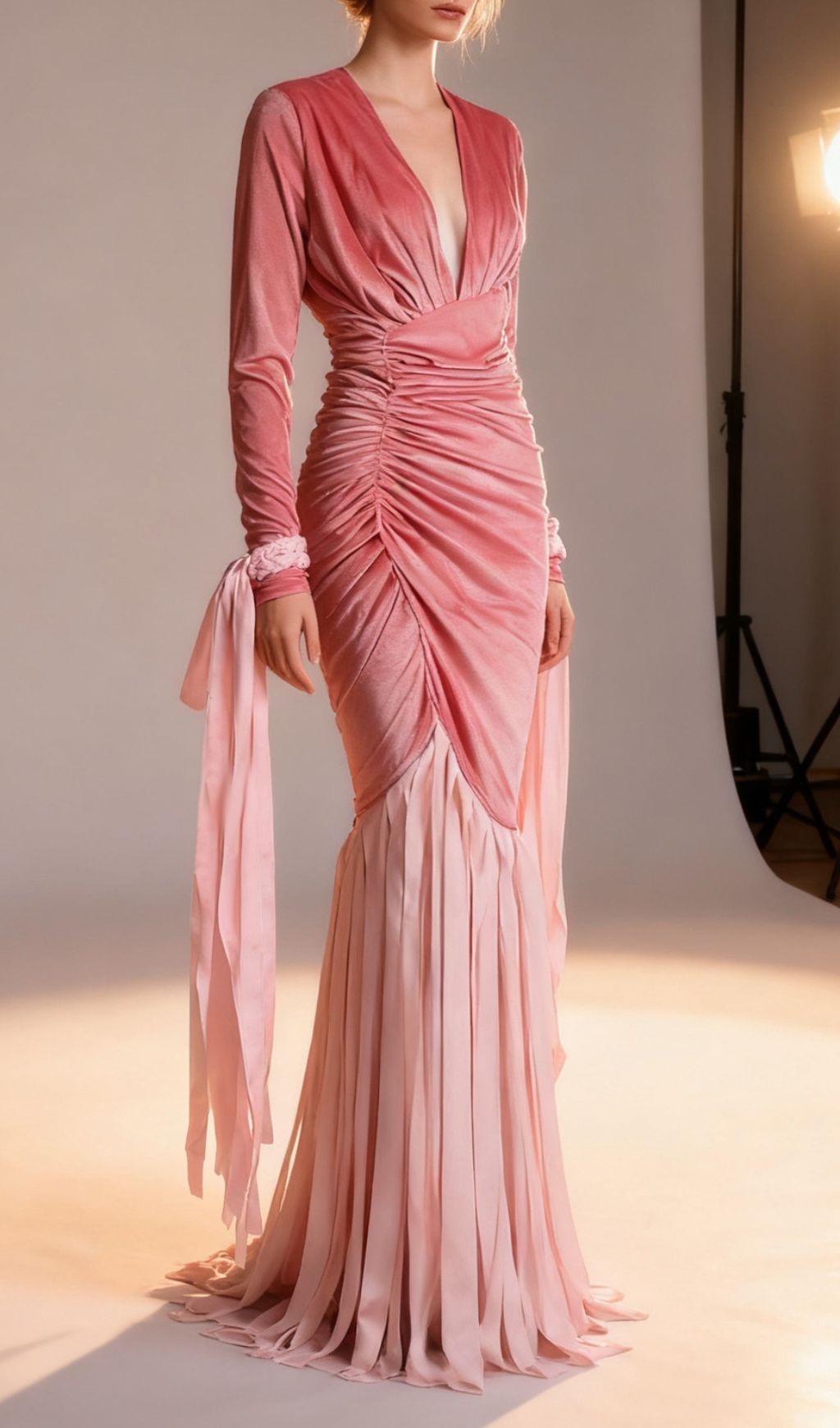 Jasmine Pink Velvet Ruched Maxi Gown | Elegant Tassel Detail Dress