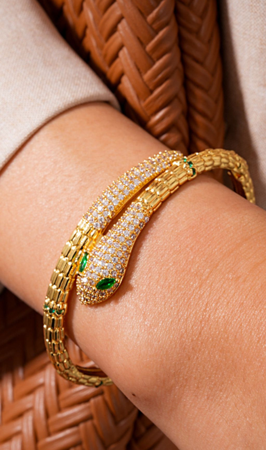 Jonila Dazzling Gold Serpent Bangle with Sparkling CZ & Emerald-Look Eyes