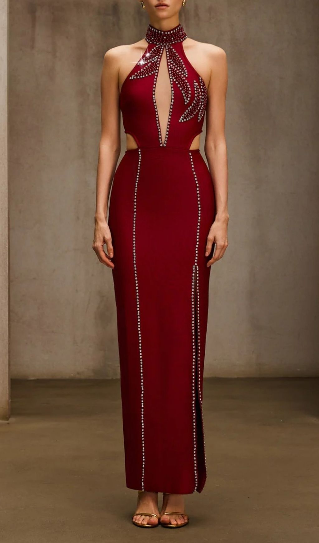 Dympna Crystal Cutout Halterneck Maxi Dress - Showstopping Red Carpet Gown