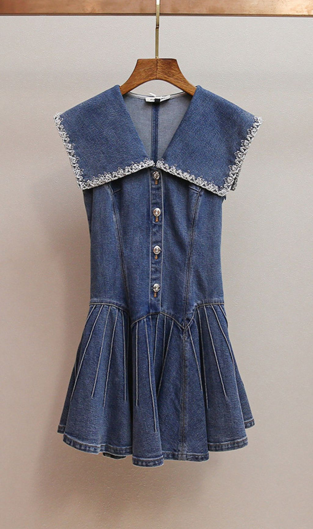 Havika Women's Embellished Sailor Collar Denim Mini Dress with Pleated Skirt