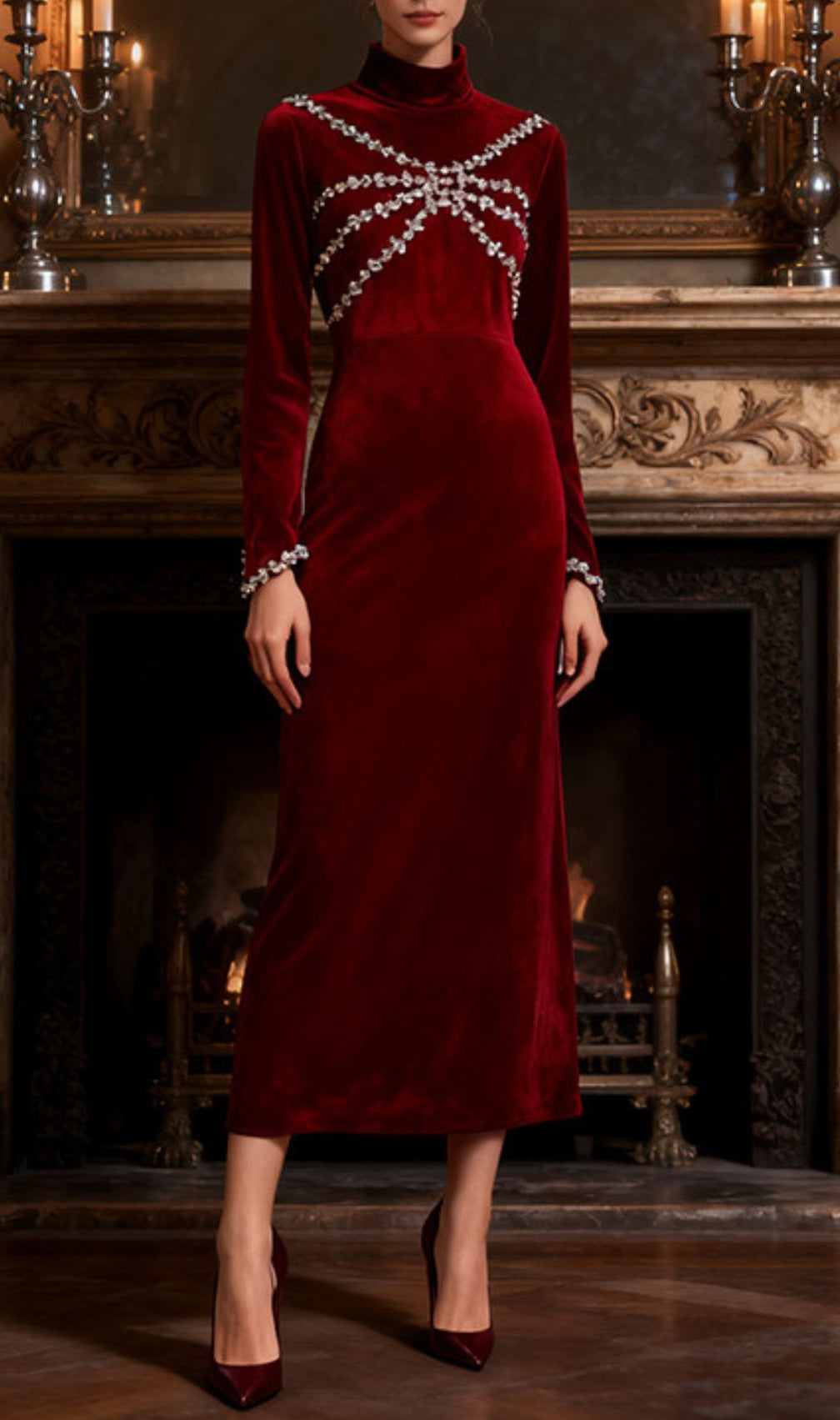 Isanne Velvet & Diamante Long Sleeve Maxi Dress - Your Dazzling Gala & Holiday Essential