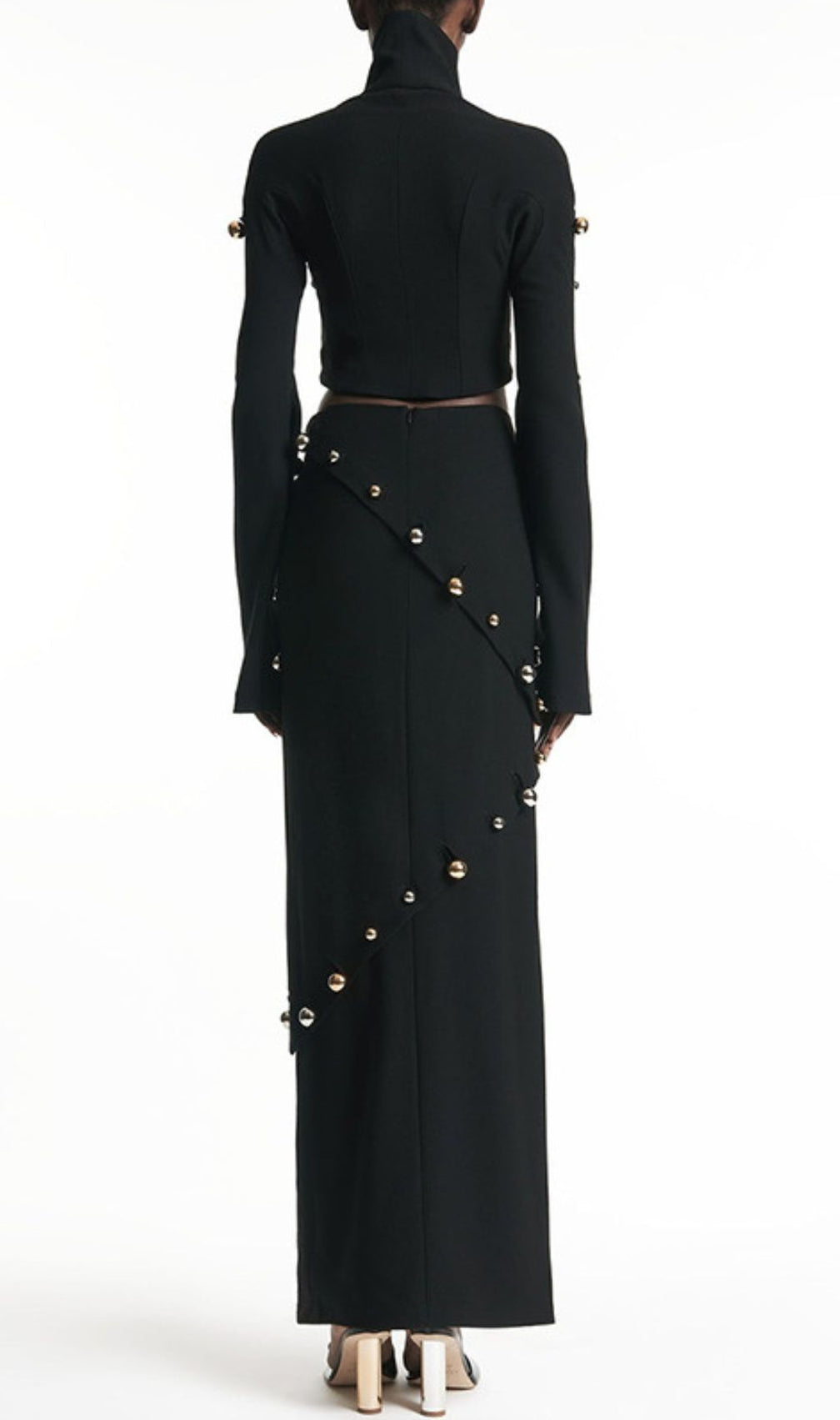 Ilario Luxe Studded Black Long Sleeve Crop Top & Maxi Skirt Set