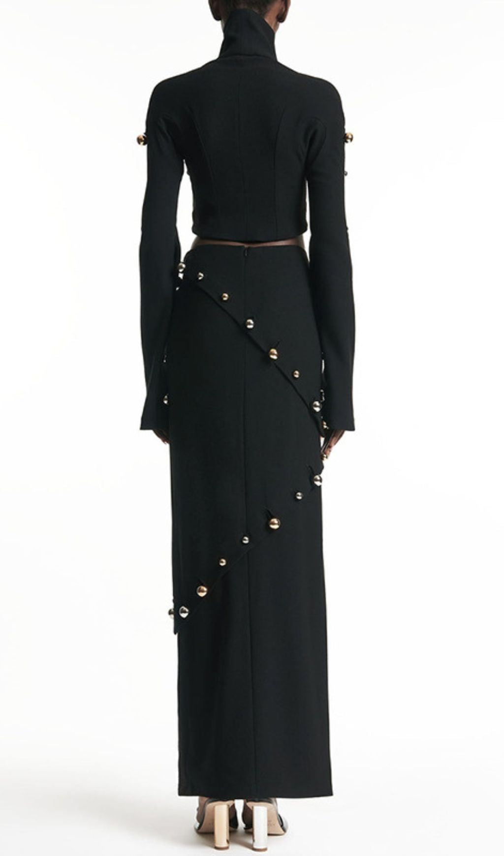 Ilario Luxe Studded Black Long Sleeve Crop Top & Maxi Skirt Set