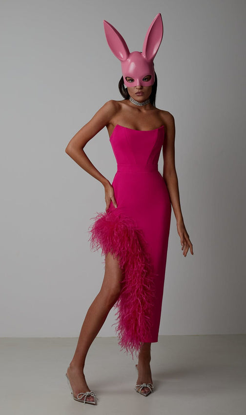 Feather High-Low Dress In Pink