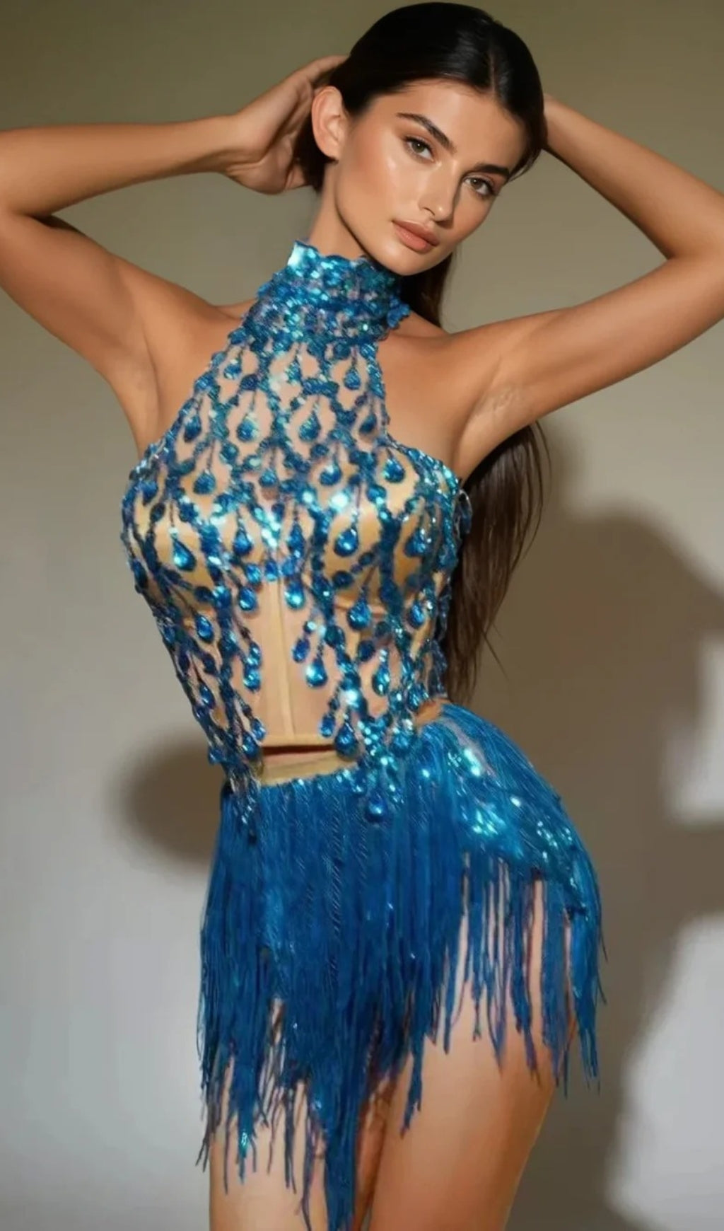 Ermenburg Halterneck Rhinestone Fringe Skirt Set In Blue