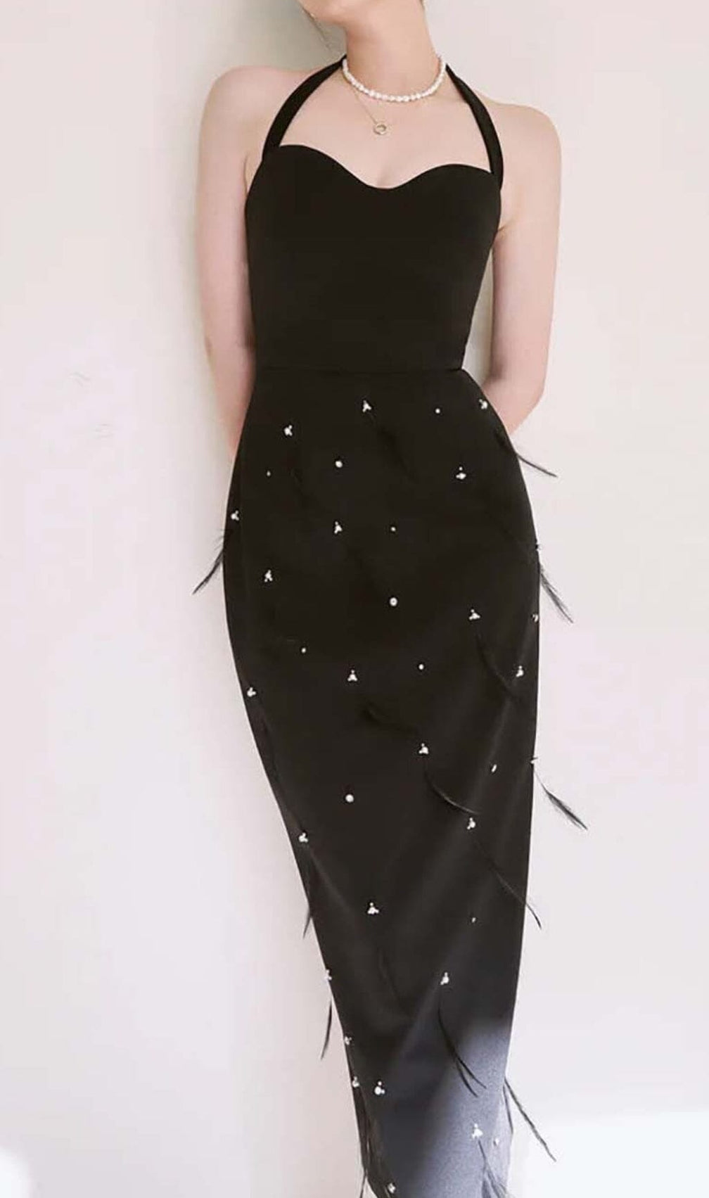 Feather Rhinestones Bodycon Midi Dress In Black
