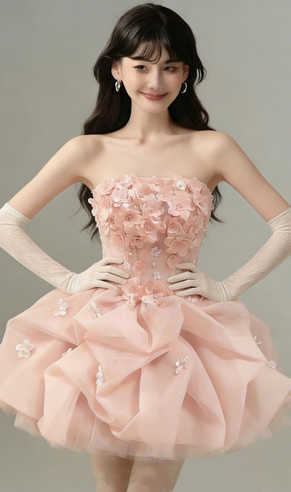 Krista Pink Strapless Flower Mini Dress