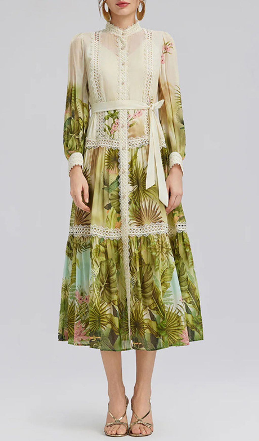 Elegant Tropical Hibiscus Print Tiered Midi Dress with Lace & Tie-Waist