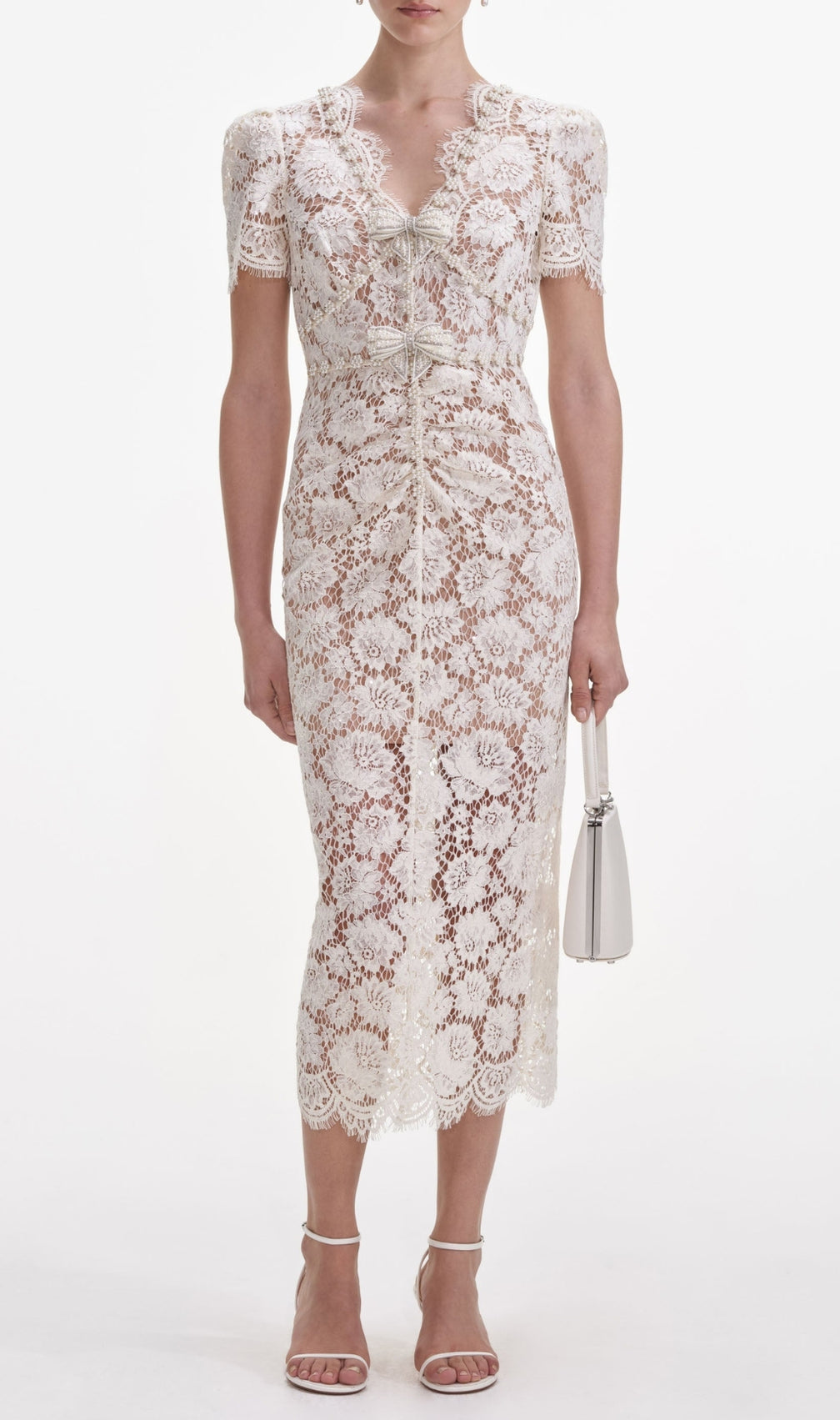 Cream Fine Lace Pearl Midi Dress
