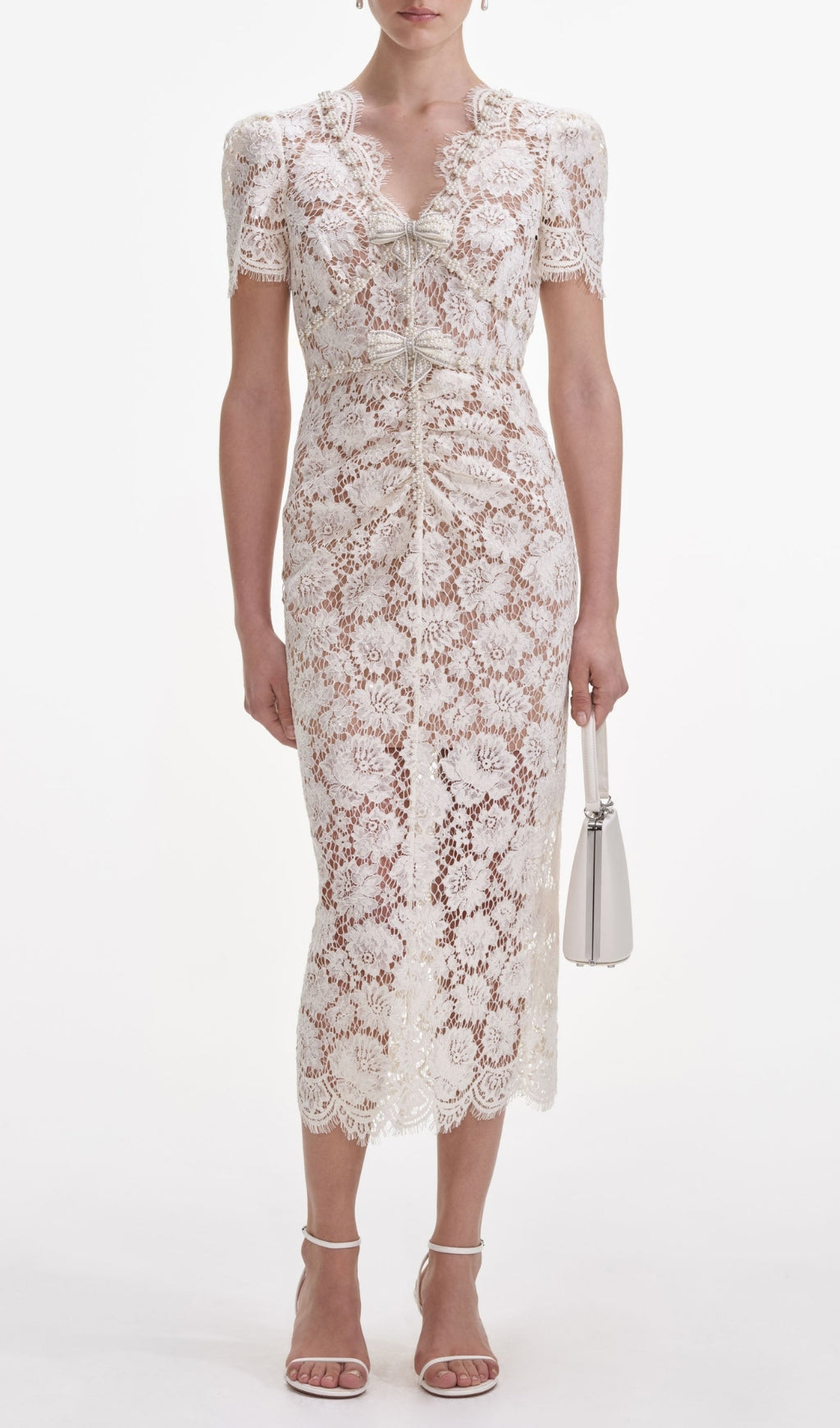 Cream Fine Lace Pearl Midi Dress