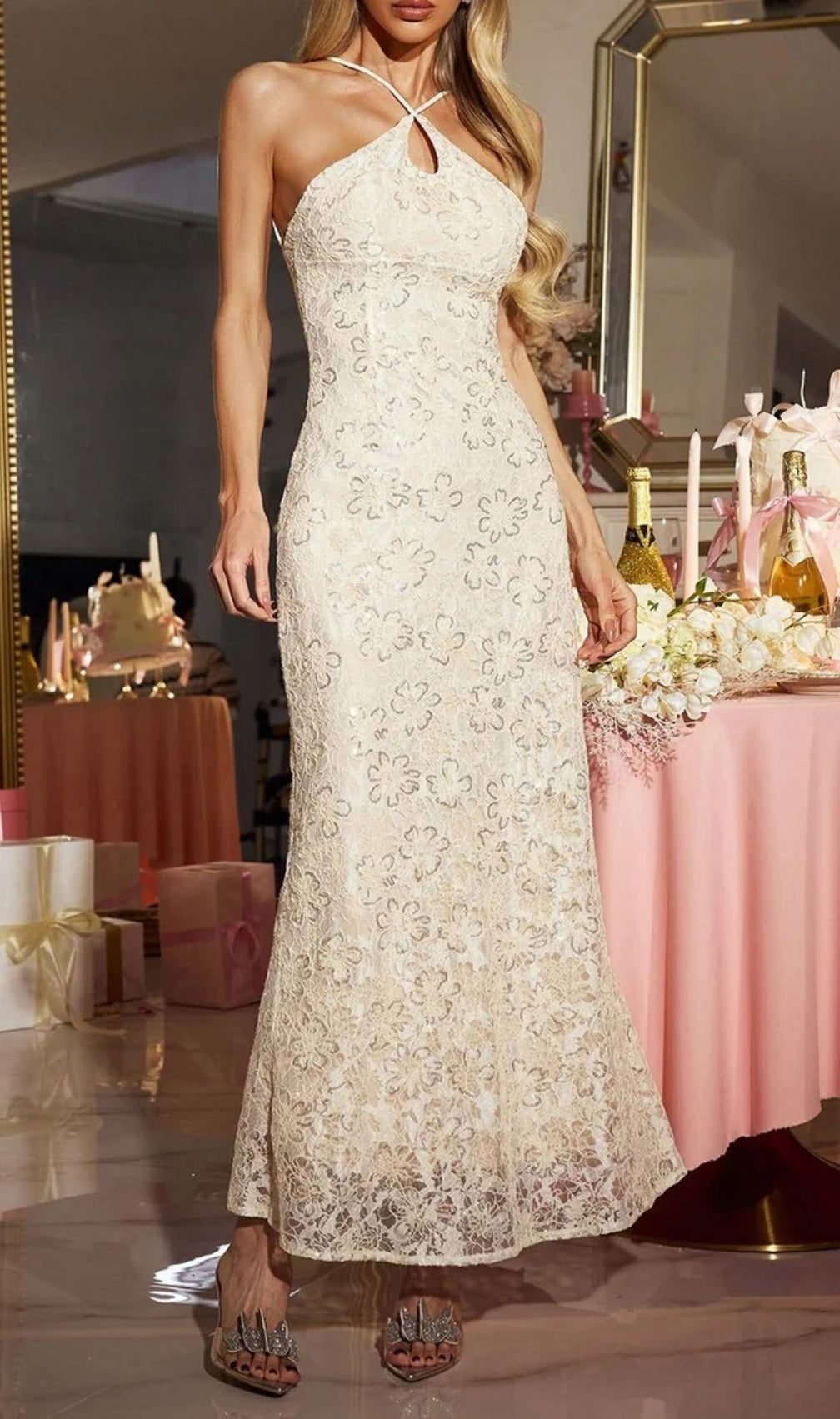 Eryxra Elegant Halterneck Floral Lace Sequin Maxi Evening Gown