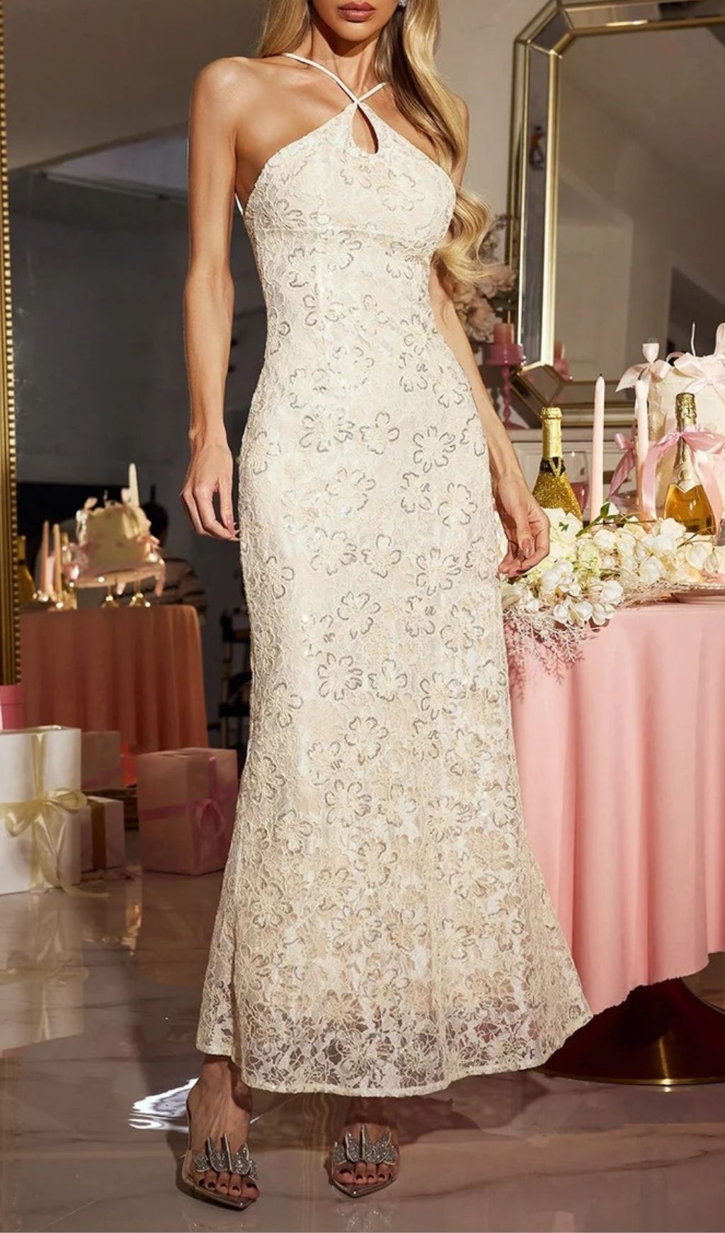 Eryxra Elegant Halterneck Floral Lace Sequin Maxi Evening Gown