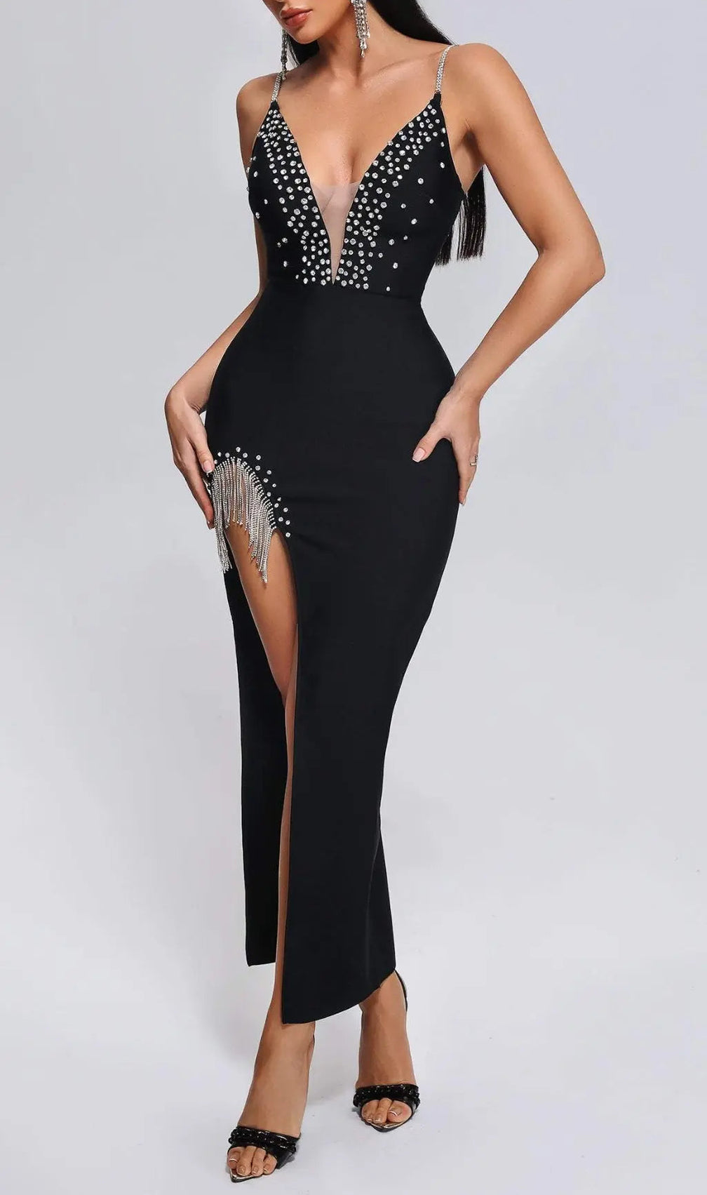 Diamonate Slit Maxi Bandage Dress - Black