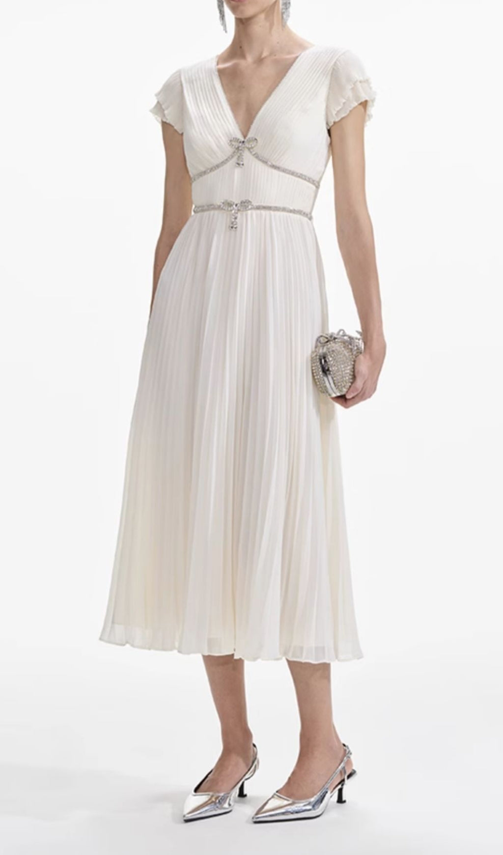 Eternity White V-Neck Bow Midi Dress