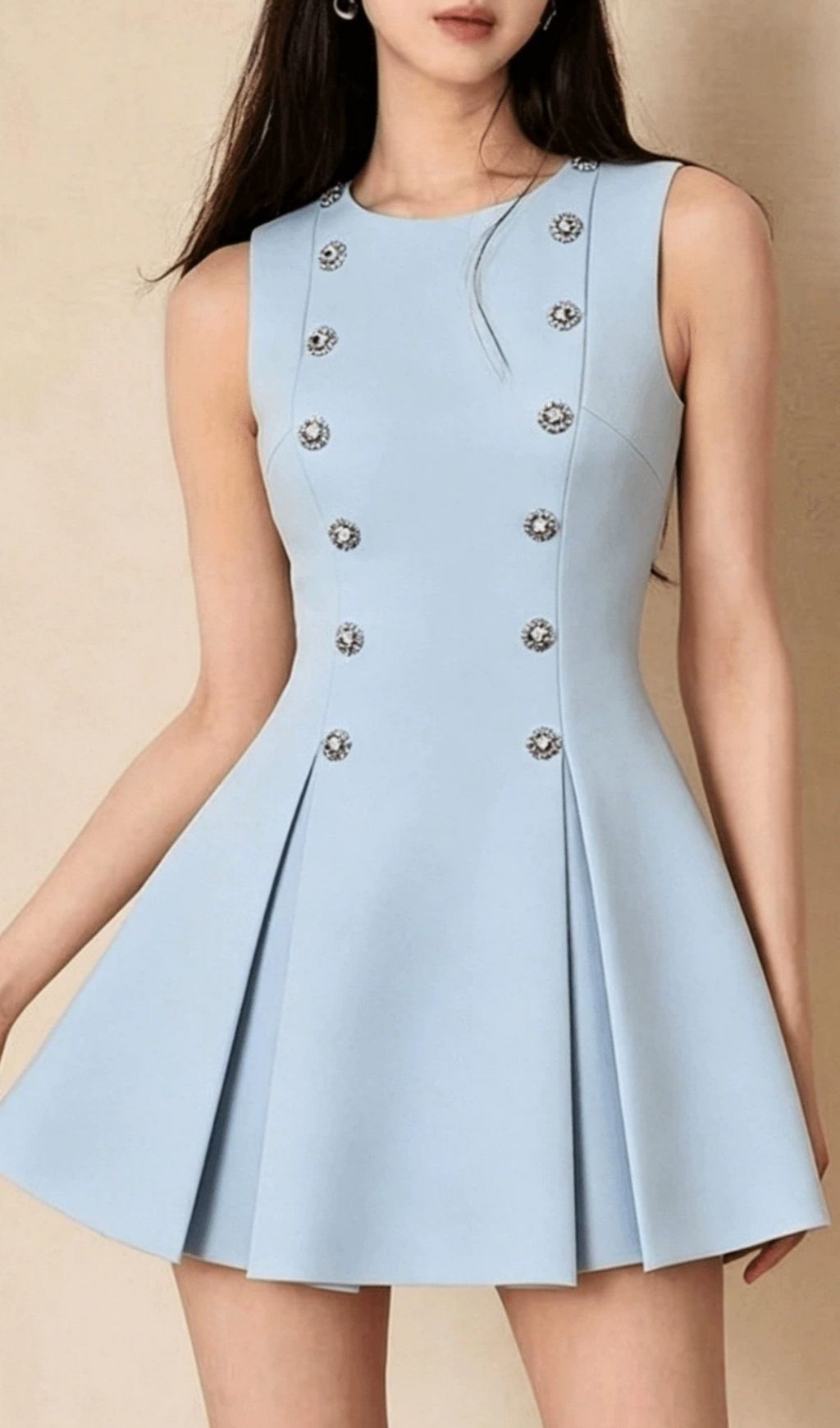 Chic Kim Sky Blue Sleeveless Mini Dress with Dazzling Crystal Buttons
