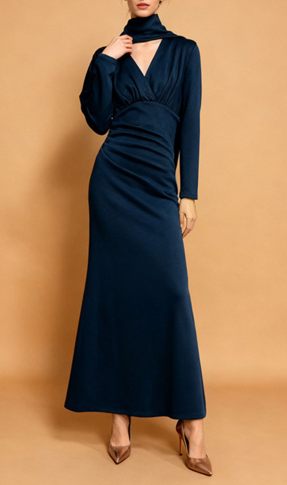 Jaana Elegant V-Neck Satin Long Sleeve Maxi Dress - Luxe Evening Gown