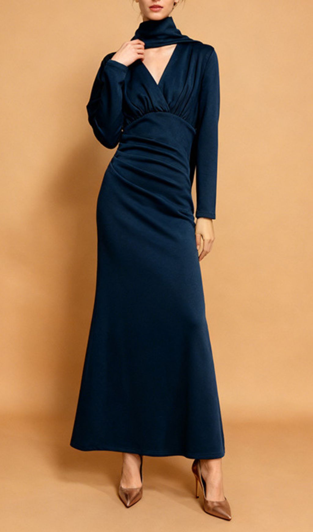 Jaana Elegant V-Neck Satin Long Sleeve Maxi Dress - Luxe Evening Gown
