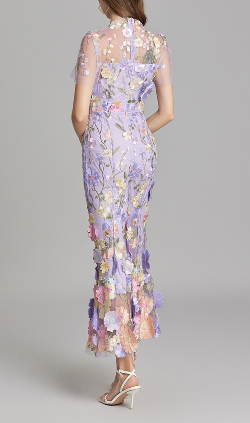 Carol Purple Floral Embroidery Mesh Fishtail Midi Dress