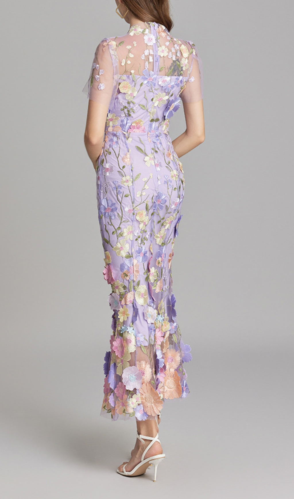 Carol Purple Floral Embroidery Mesh Fishtail Midi Dress