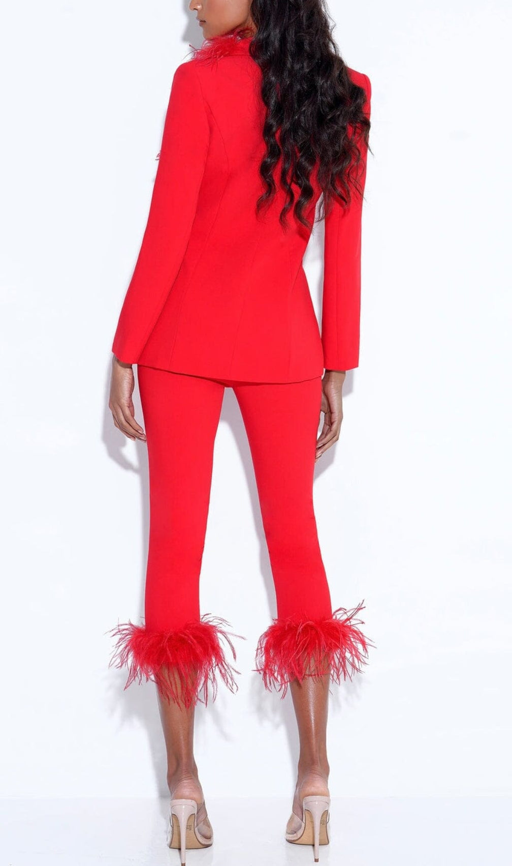 Red Blazer Suit With Feather Trim
