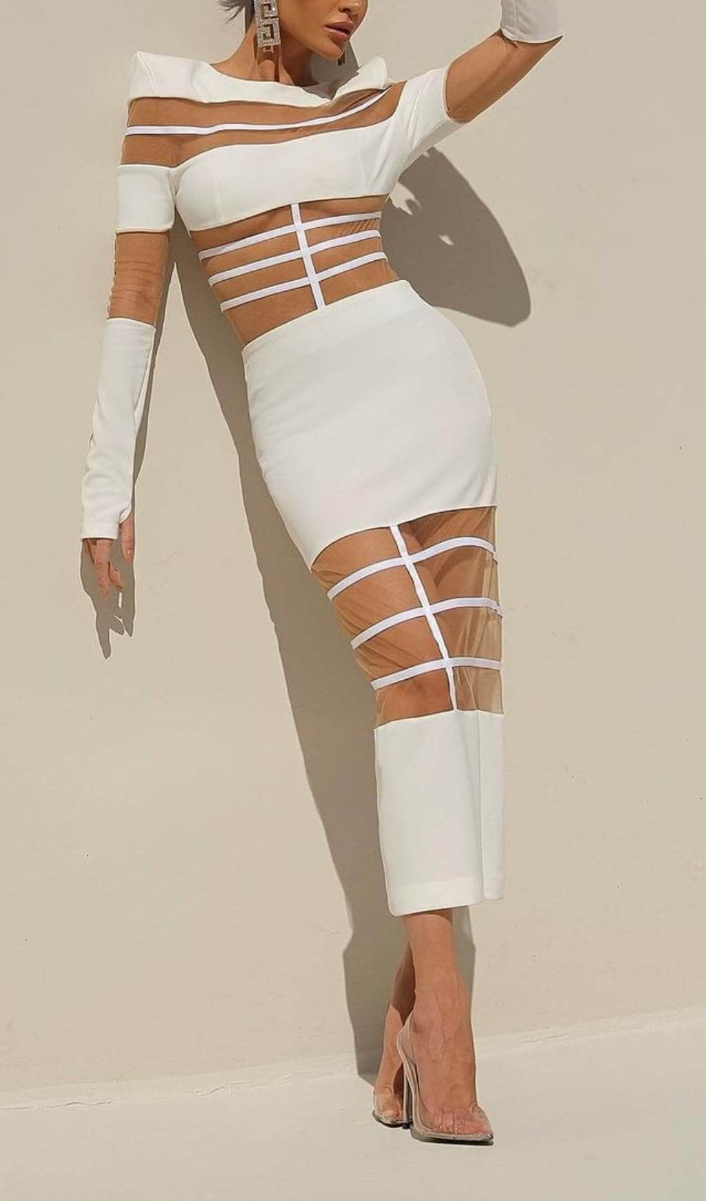 Banan Long Sleeve Mesh Bodycon Midi Dress