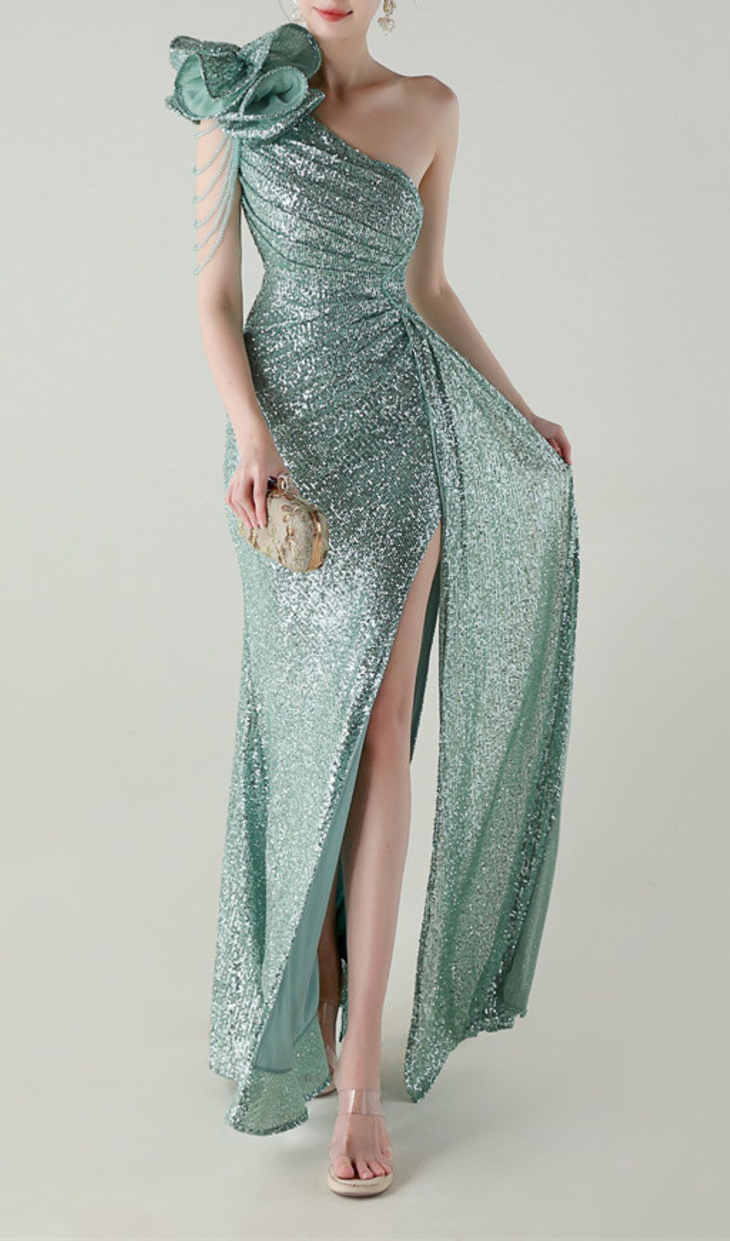 Ikia Emerald Sparkle One-Shoulder Sequin Maxi Dress with High Slit