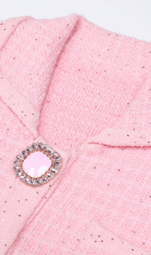 Joanna Luxe Tweed-Inspired Knit Mini Dress | Embellished Button & Pockets