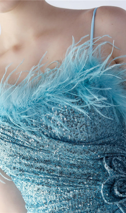 Chroma Blue Sequin Flower Feather Maxi Dress