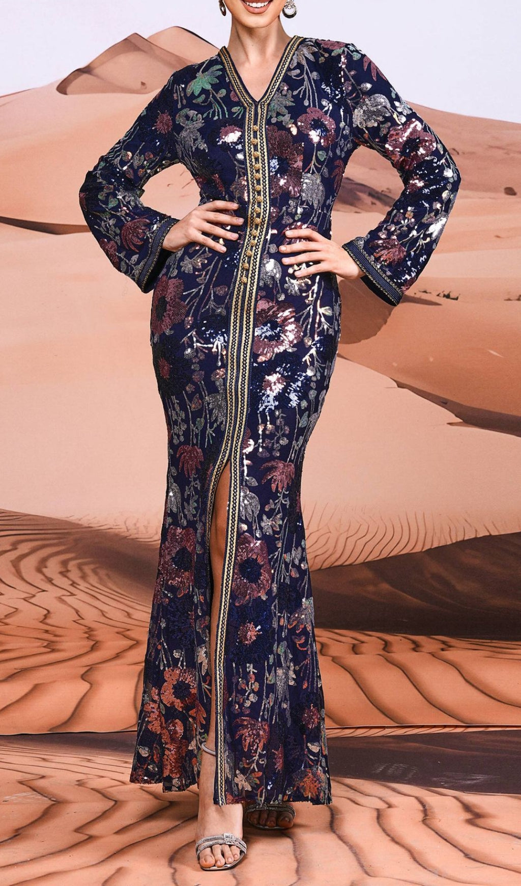 Cruella Flower Sequin Long Sleeve Maxi Dress