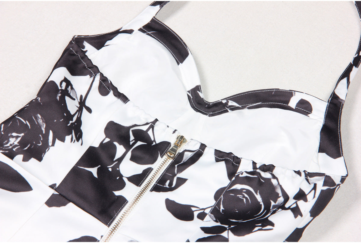 Katsuye Chic Black & White Rose Print Halter Mini Dress