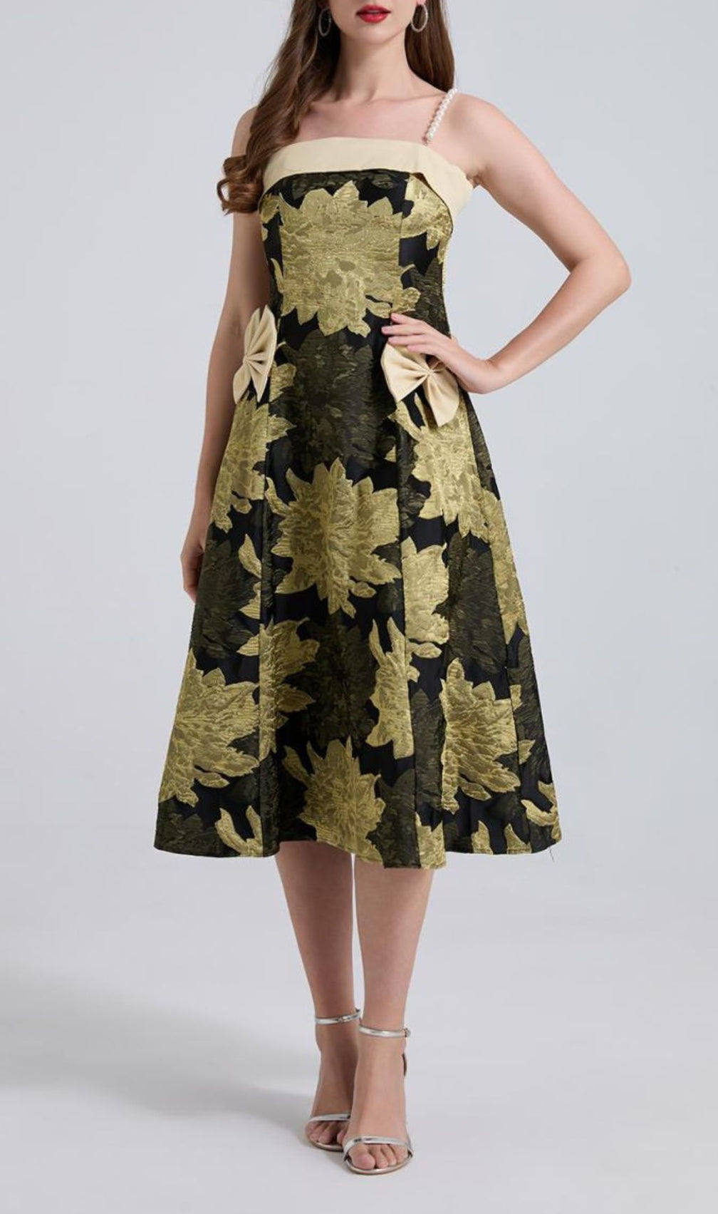 Faylinn Flower Bow Pearl Midi Dress