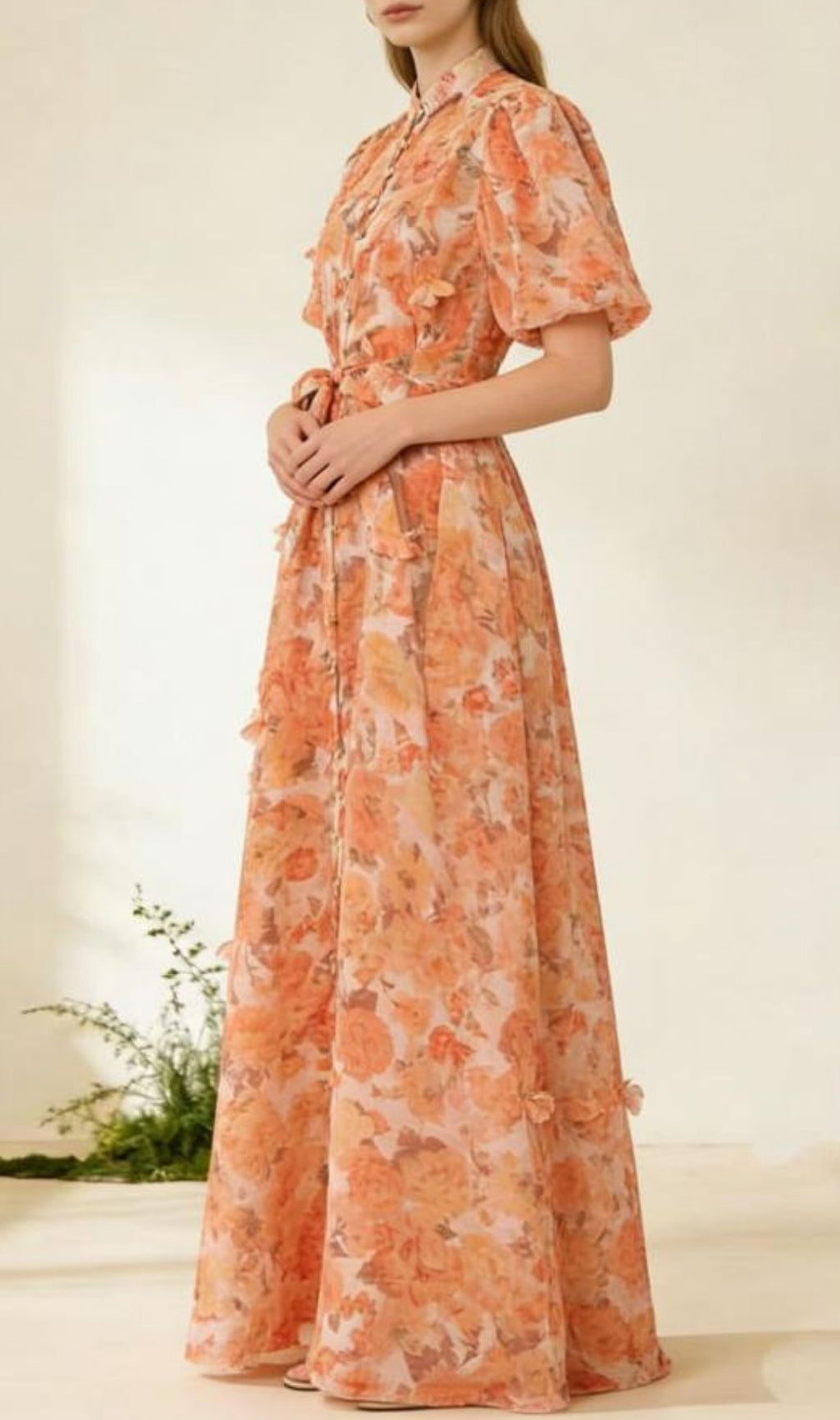 Karlishia Romantic Floral Puff-Sleeve Maxi Dress - Elegant Button-Down Gown