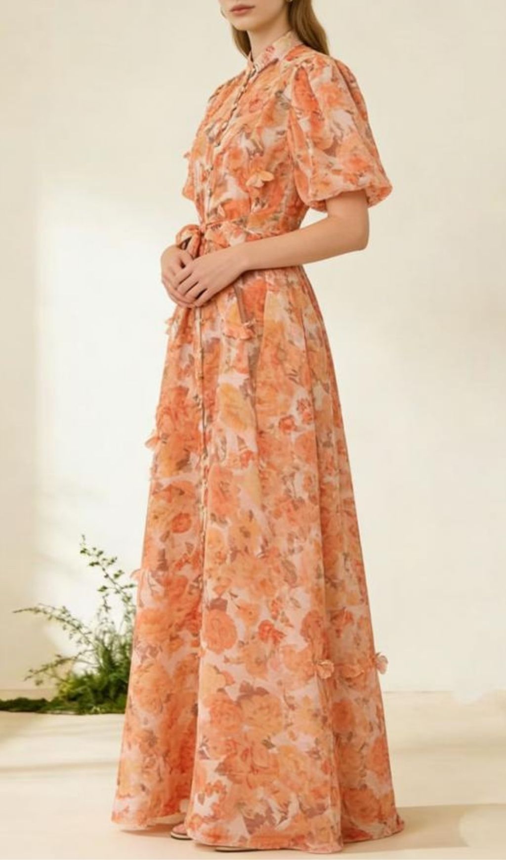 Karlishia Romantic Floral Puff-Sleeve Maxi Dress - Elegant Button-Down Gown