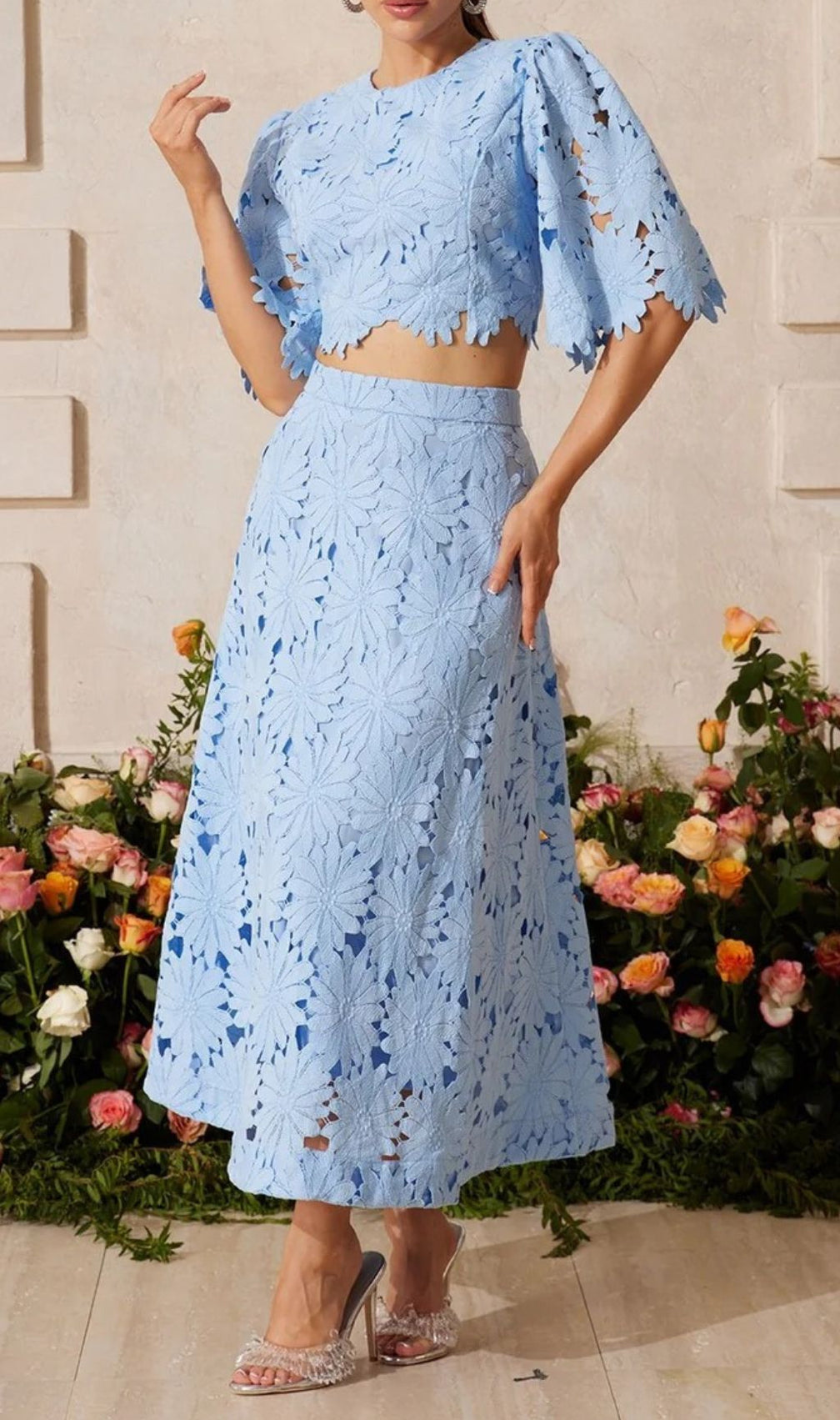 Zaelyth Elegant Floral Cut-Out Lace Skirt Set - Sky Blue Crop Top & Midi