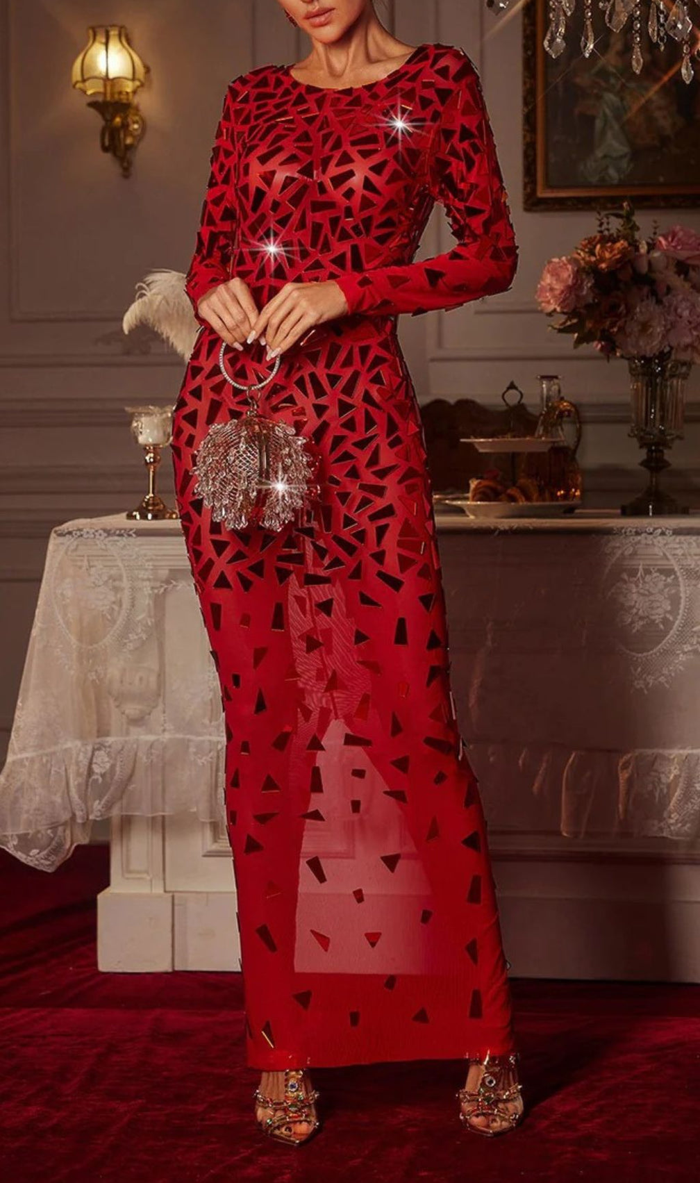Guthrie Dazzling Geometric Sequin Long Sleeve Maxi Dress - Red Carpet Glamour