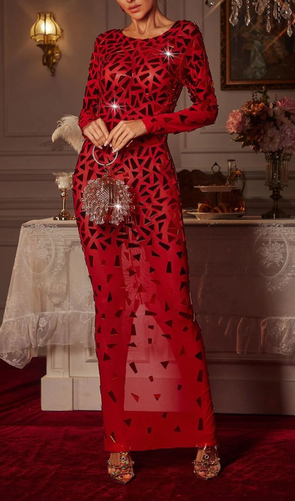 Guthrie Dazzling Geometric Sequin Long Sleeve Maxi Dress - Red Carpet Glamour