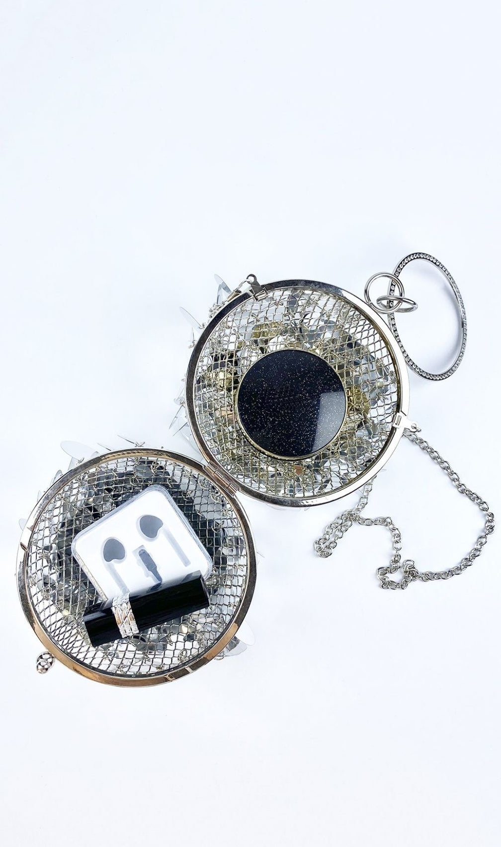 Adaiba Dazzling Silver Sequin Ball Clutch Bag with Ring Handle