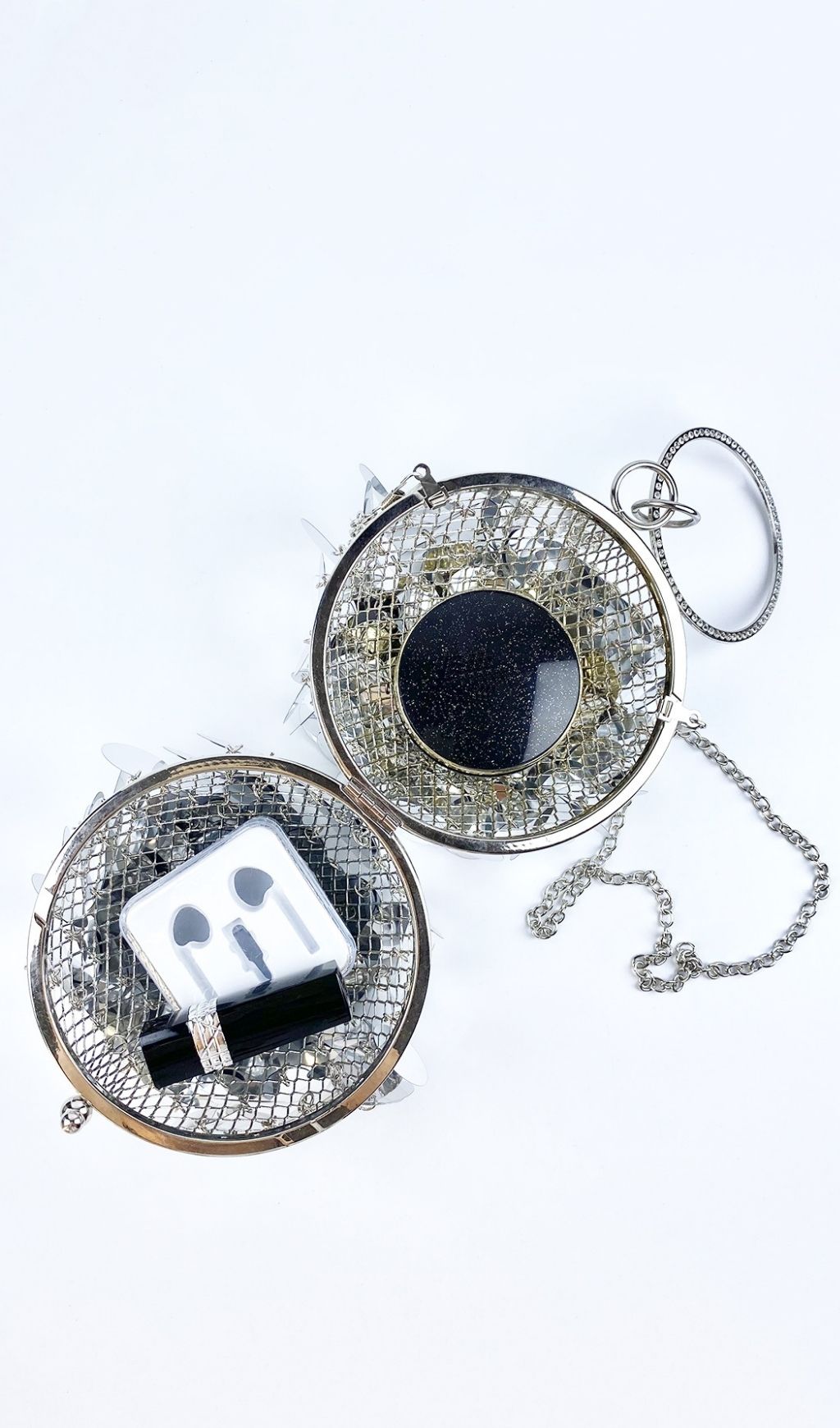 Adaiba Dazzling Silver Sequin Ball Clutch Bag with Ring Handle