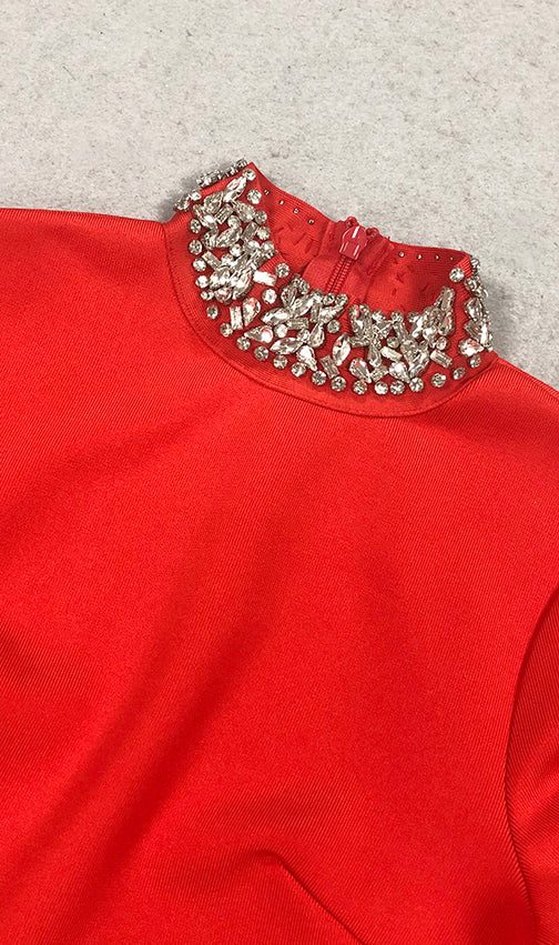 Bridie Red Long Sleeve Crystal Midi Dress