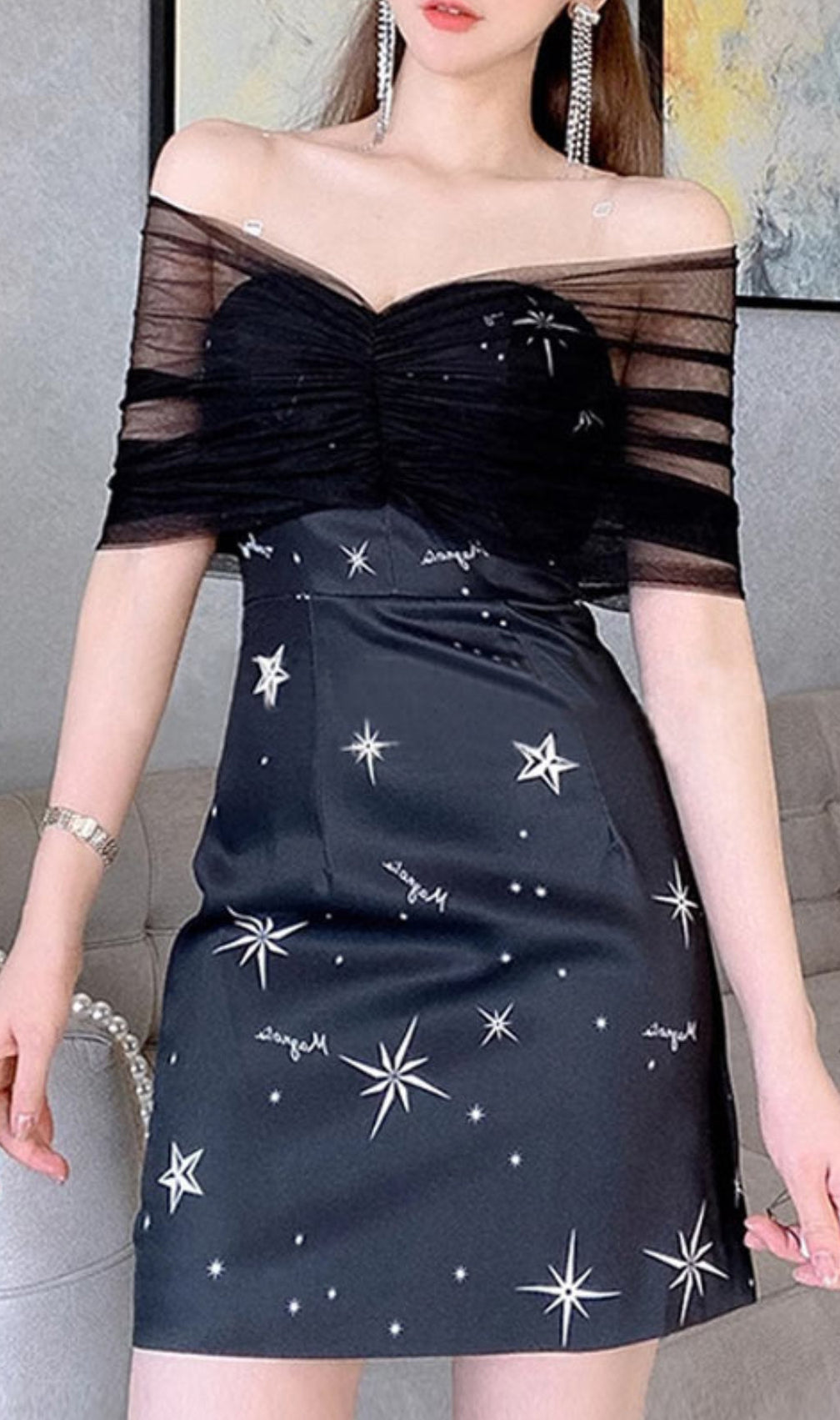 Mesh Bateau Collar Detachable Shoulder Strap Hip Wrap Dress