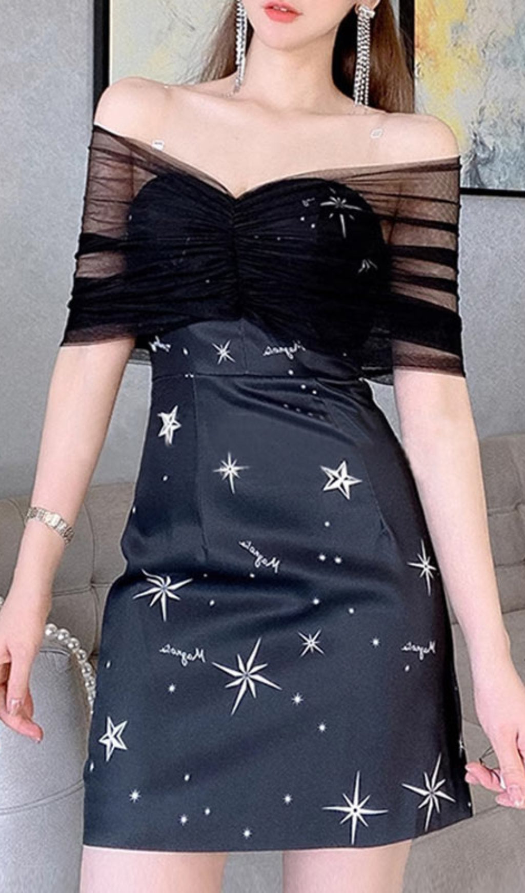 Mesh Bateau Collar Detachable Shoulder Strap Hip Wrap Dress