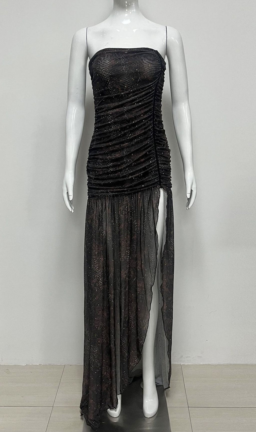 Kerstin Black Strapless Ruched Maxi Dress | Elegant High-Slit Evening Gown