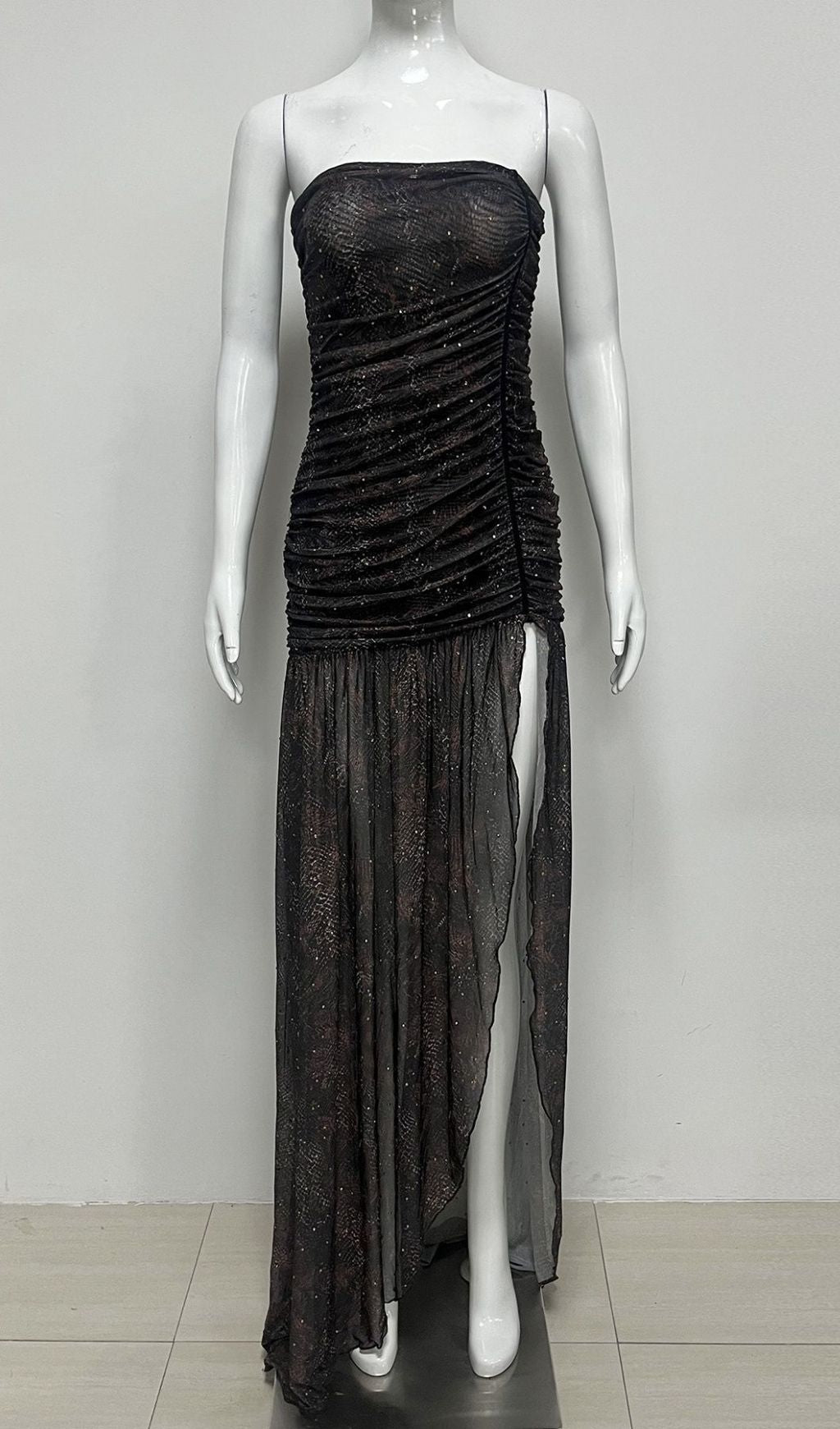 Kerstin Black Strapless Ruched Maxi Dress | Elegant High-Slit Evening Gown